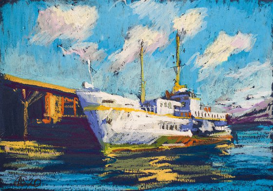 Istanbul boat. Mini painting. Oil pastel painting. Small original travel sea gift interior decor mini