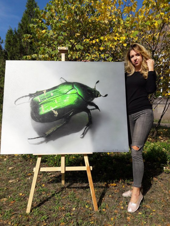 Green beetle art, insect painting, green glowing beetle, hyperrealism, realistic painting
