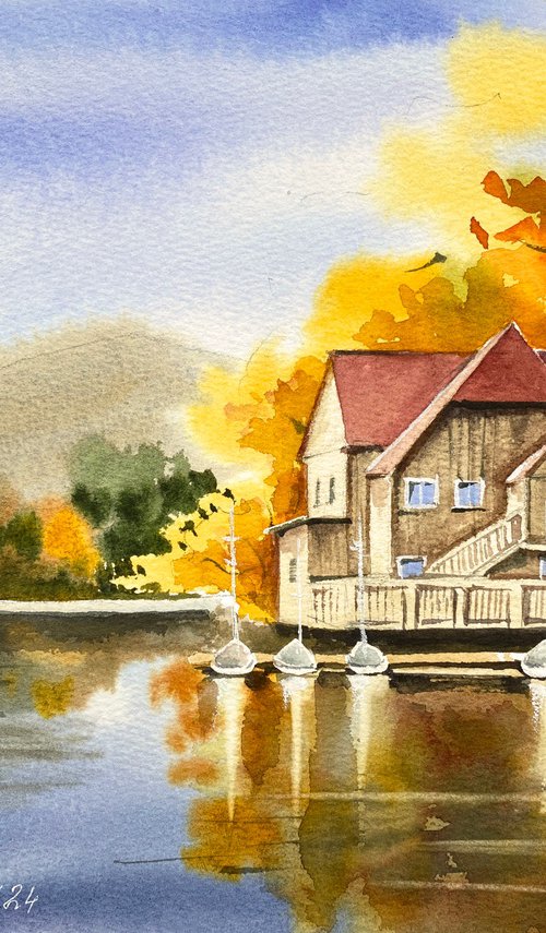 Autumn Lake Boathouse by Irina Povaliaeva