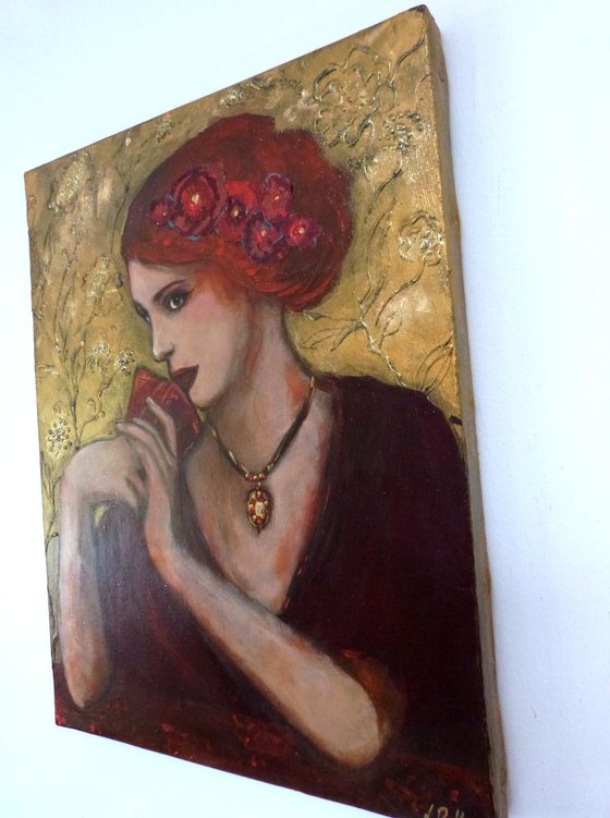 Woman portrait red hair Tarot carmin 27x35cm.