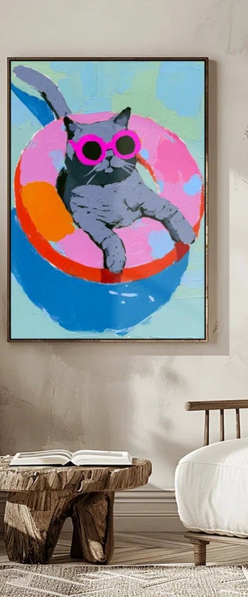 Grey Cat In The Swimming Pool by Sasha Robinson