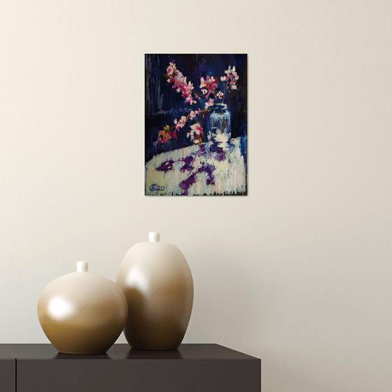 Cherry blossoms. Home isolation series. Oil pastel painting, Small original home decor gift idea interior dark still life spring flowers