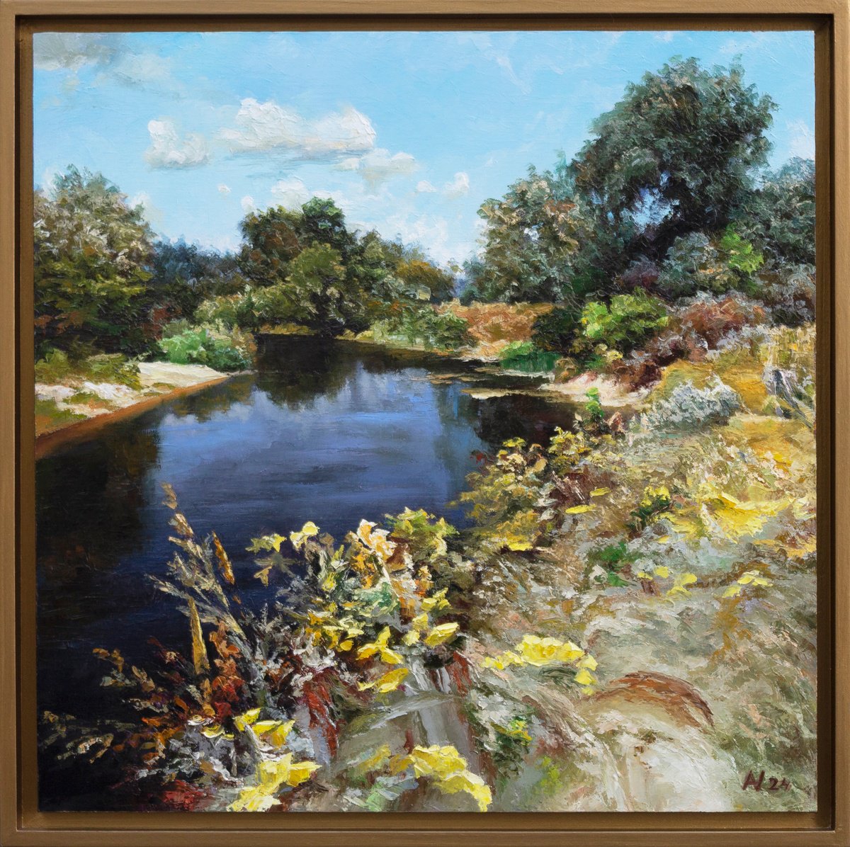 Impressionistic Landscape Oil Painting By Oleksii Vylusk, 21 X 21", Turn Of River 04, Original Artwork