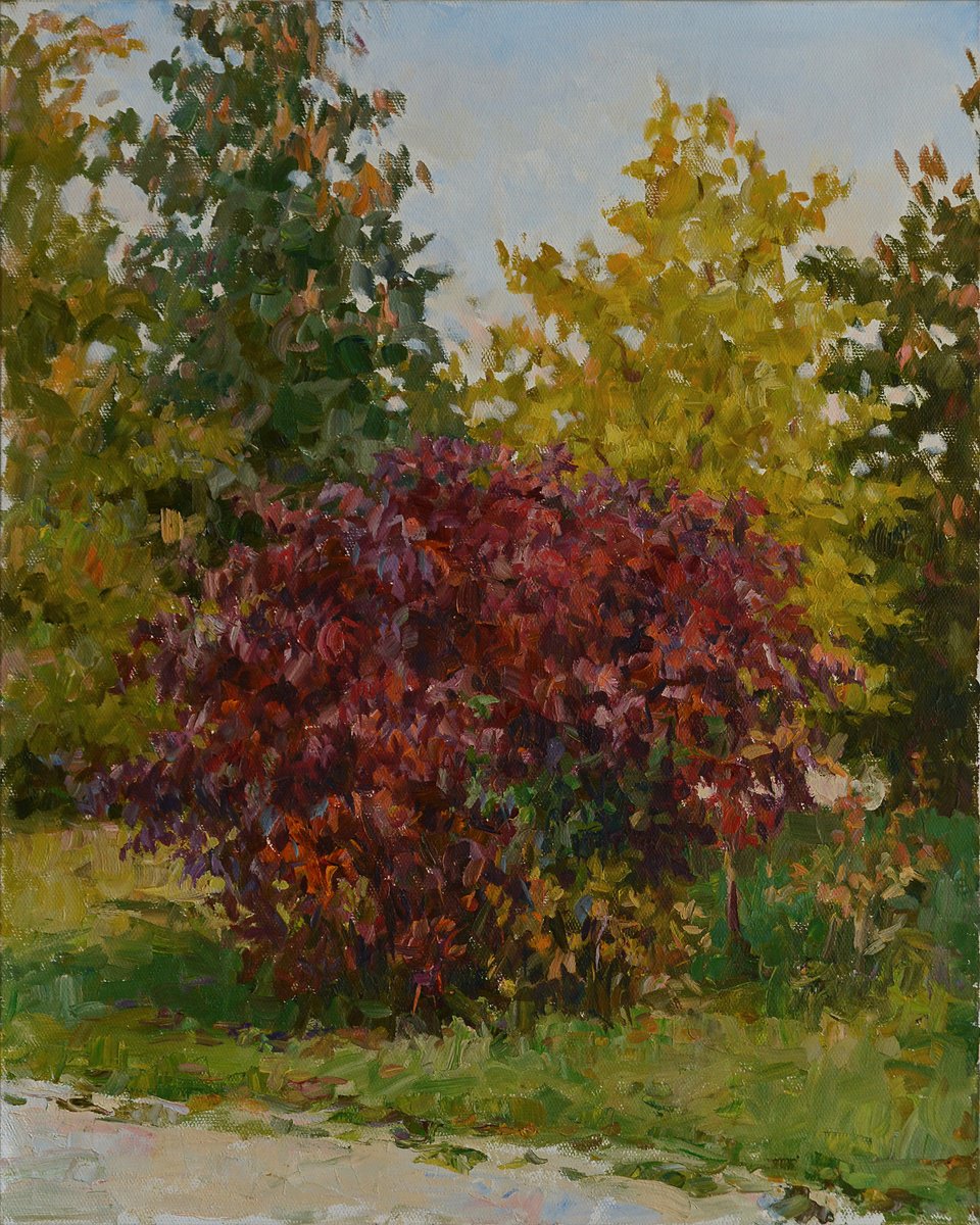 Impressionistic Landscape Oil Painting By Vachagan Manukyan, 16 X 20", Autumn, Red Bush, Original Artwork