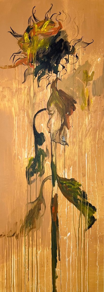 Impressionistic Botanical Acrylic Painting By Rosi Roys, 22 X 55", Sunflower 12, Original Artwork