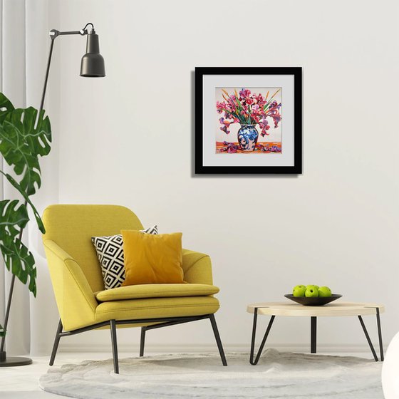 Irises in a porcelain vase