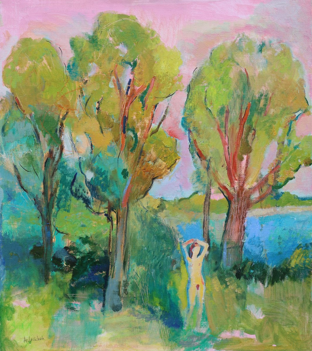 Impressionistic Landscape Oil Painting By Artem Andreichuk, 31 X 35, The Girl Is Sunbathing, Original Artwork