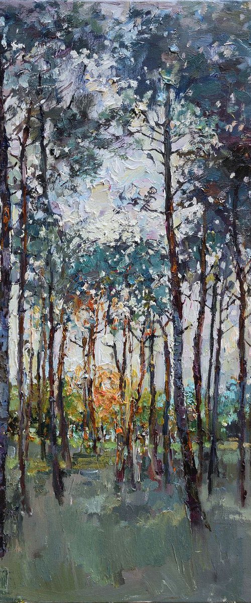 Pine trees at sunset - Original forest landscape painting by Anastasiia Valiulina