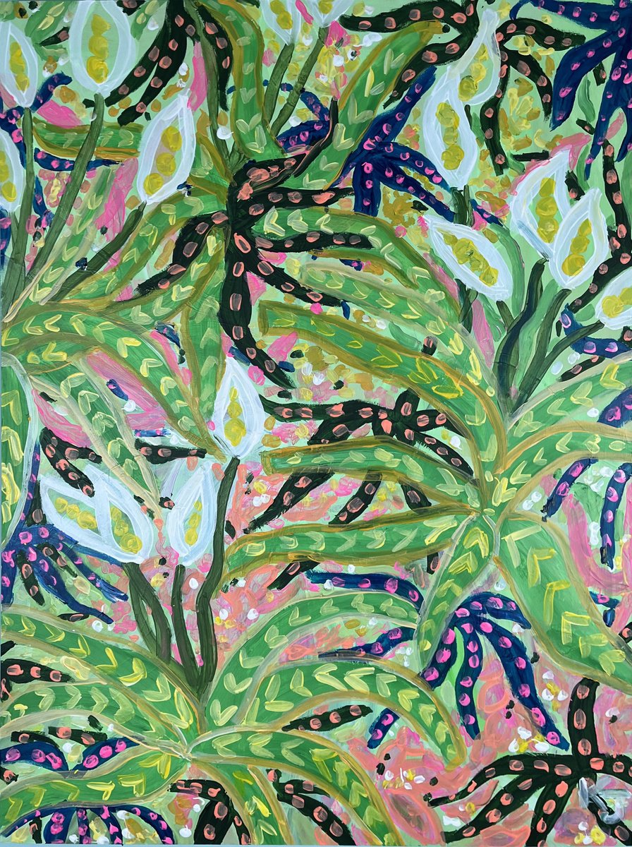 Expressive Botanical Acrylic Painting By Katie Jurkiewicz, 18 X 24", Peace (Lilies) On Earth, Original Artwork