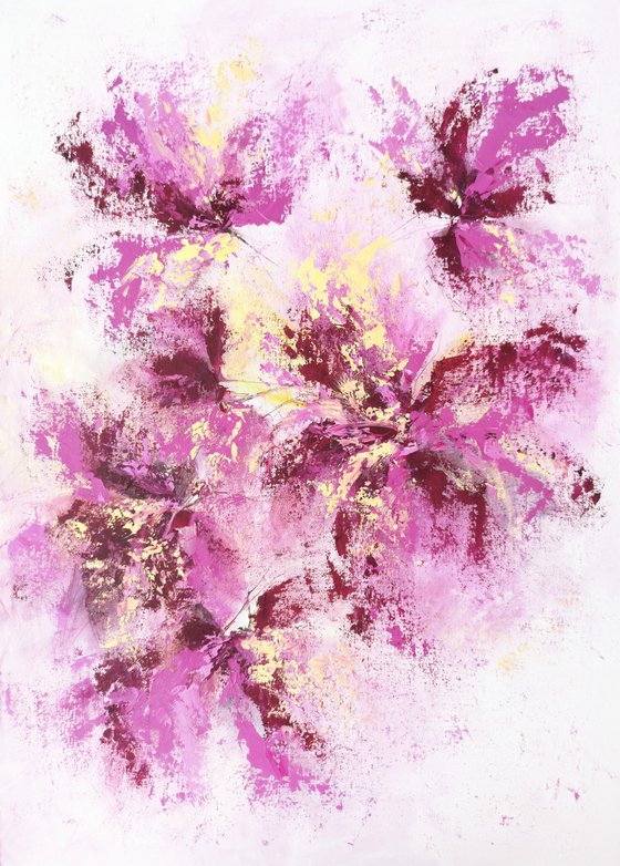 Purple abstract flowers, oil floral painting