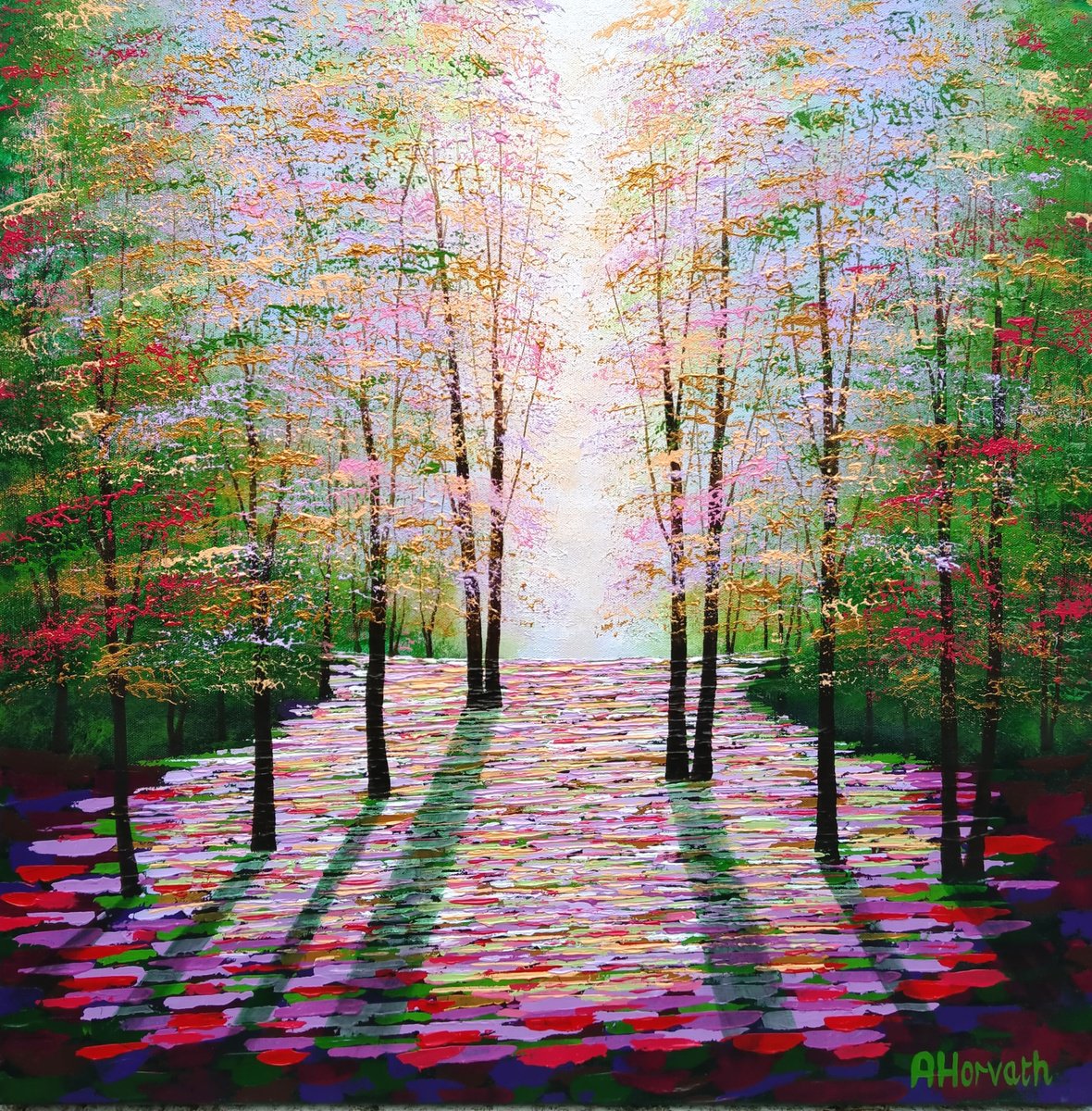 Impressionistic Landscape Acrylic Painting By Amanda Horvath, 24 X 24, Forest In Amber, Original Artwork
