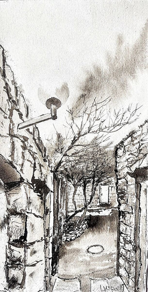 Impressionistic Cityscapes Ink Drawing By Leonid Kirnus, 7 X 13", The Patio, Original Artwork