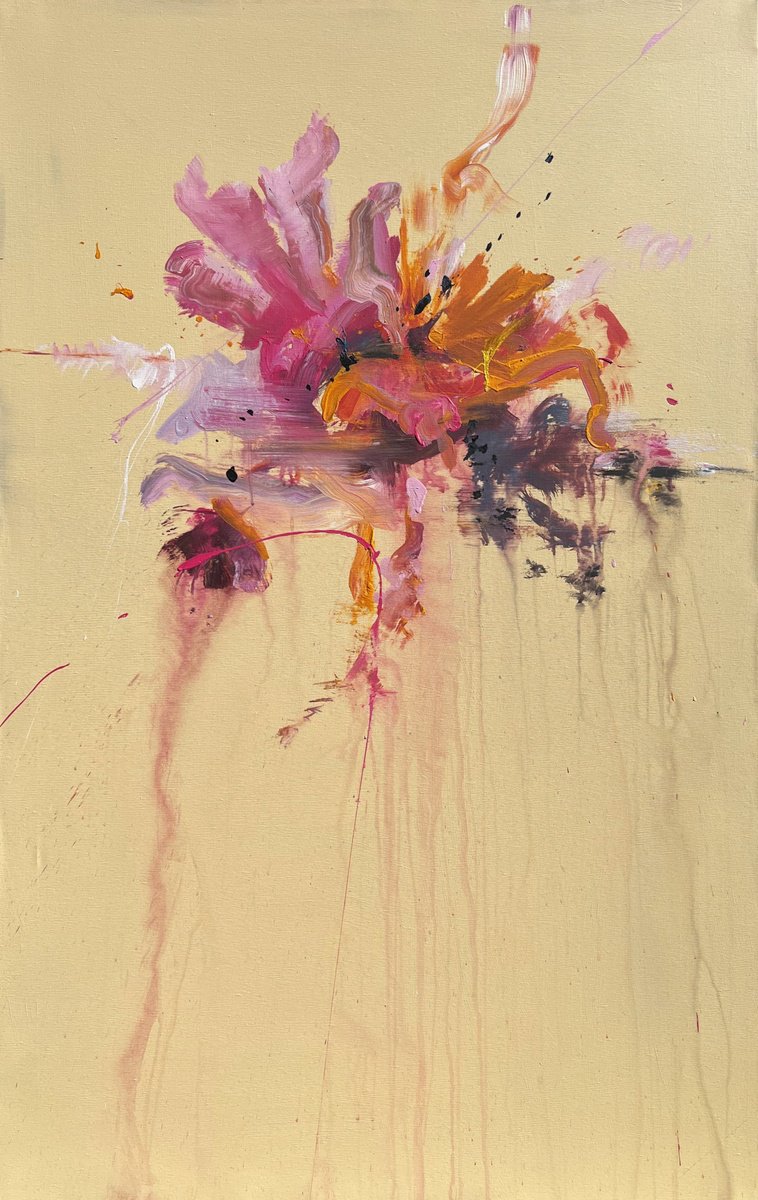 Abstract Botanical Acrylic Painting By Rosi Roys, 39 X 63", Minimalistic Flower 5, Original Artwork