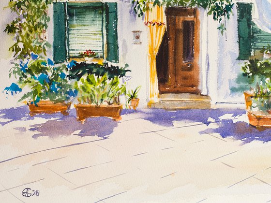 Venice. Burano. Big format watercolor urban landscape Mediterranean italy sea bright architecture old travel