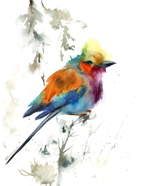 Lilac Bird - watercolor painting by Olga Shefranov (Tchefranov)