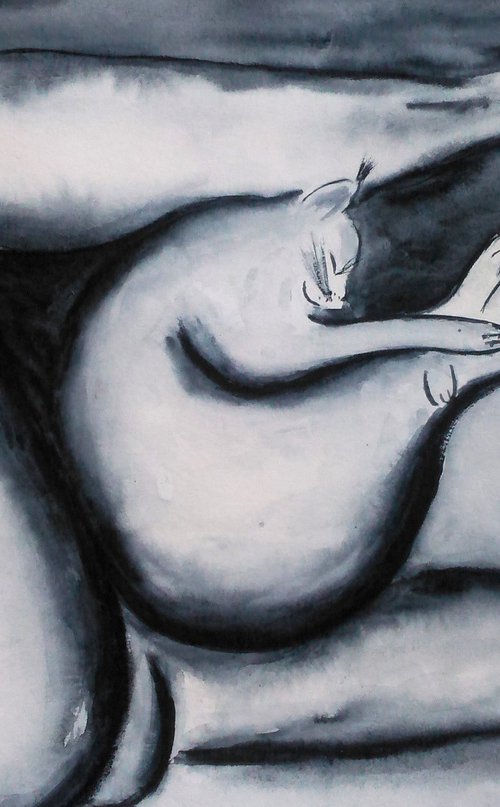 Female Nude Painting Original Art Cat Painting Woman Nude Black Monochrome Wet on Wet Watercolor Artwork Home Wall Art 17 by 12" by Halyna Kirichenko by Halyna Kirichenko