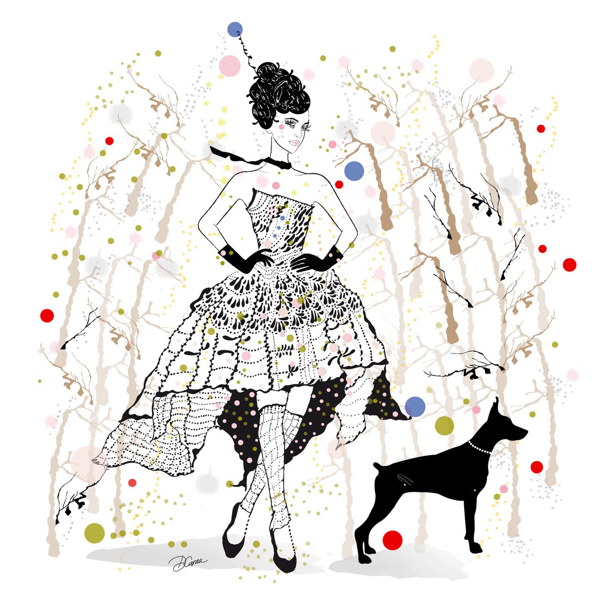 Bernadette and her Dog - Dog Art - Fashion - Dog Sitter by Artemisia