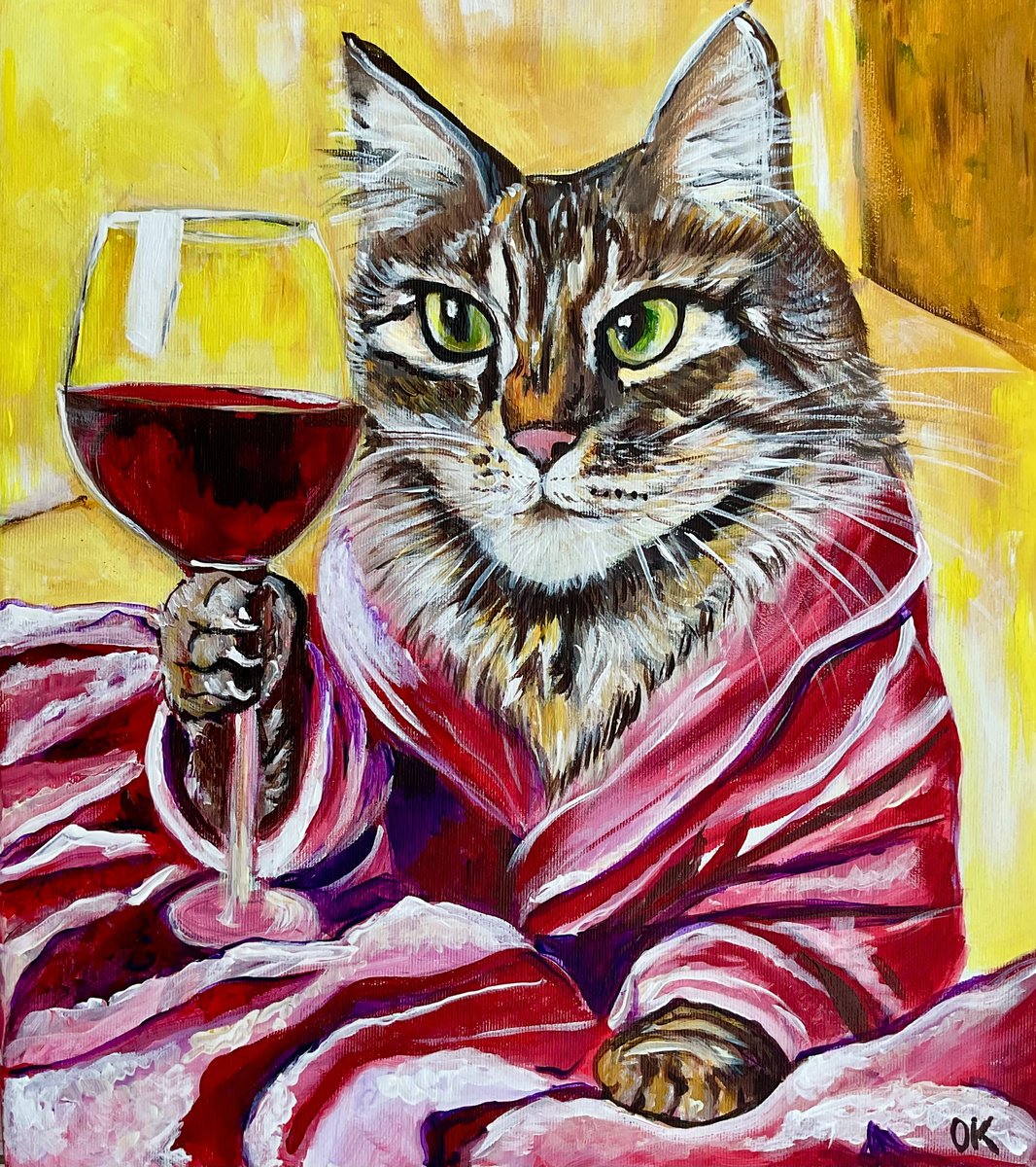  Cat And Wine. By Olga Koval, 14 X 16, Artwork For Sale On Artfinder