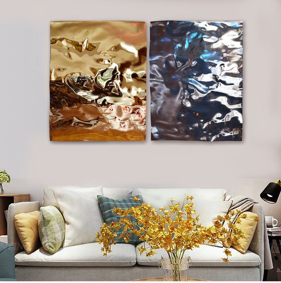 Gold & Gray Reflections / Diptych 180 cm x 116 cm