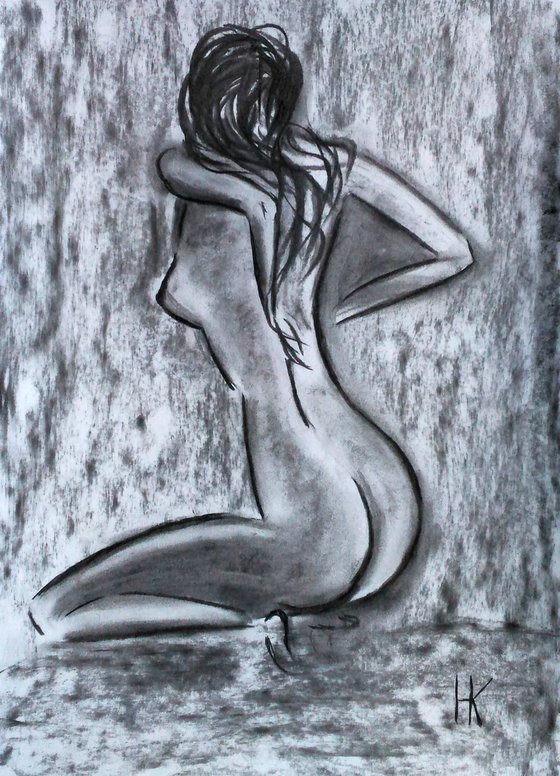 Nude Drawing Female Original Art Woman Nude Painting Black Monochrome Erotic Home Wall Art 13 by 18"  by Halyna Kirichenko