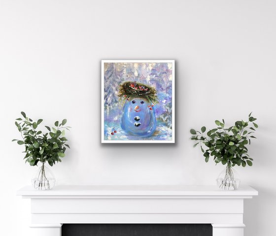 Snowman original oil painting - Nursery wall art - Winter gift idea