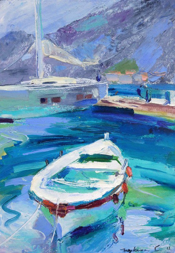 Yahts of Montenegro . Original plein air oil painting .