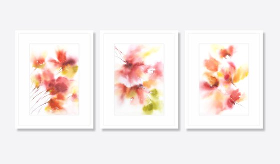 Red abstract flowers watercolor painting. Floral set of 3