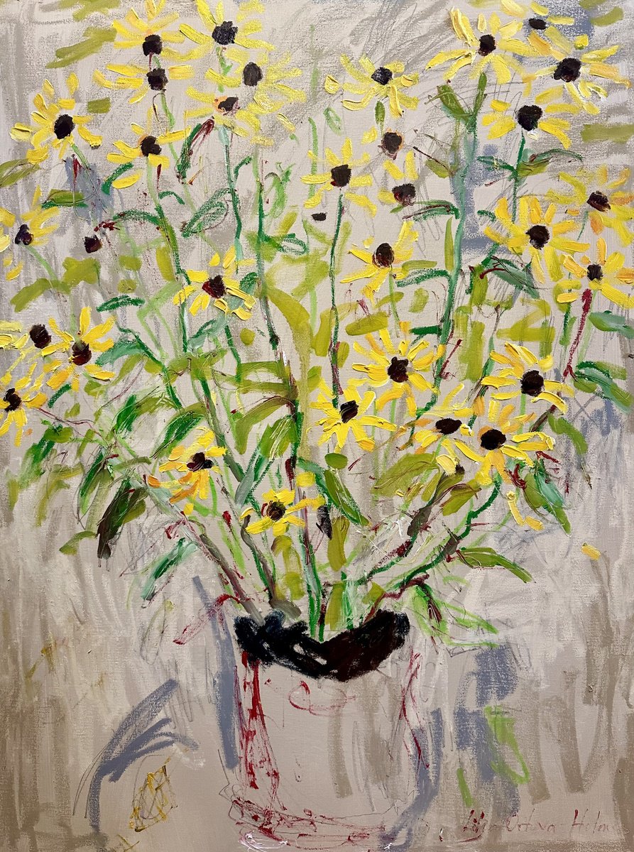 Impressionistic Botanical Oil Painting By Lilia Orlova-Holmes, 31 X 39", Rudbeckia Goldstar, Original Artwork