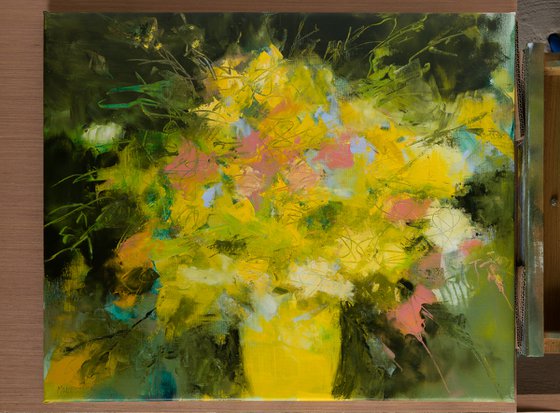 "Yellow bouquet" - Still life Oil painting knife palette - floral - flower - Modern Contemporary Gestural decorative original - home interior design