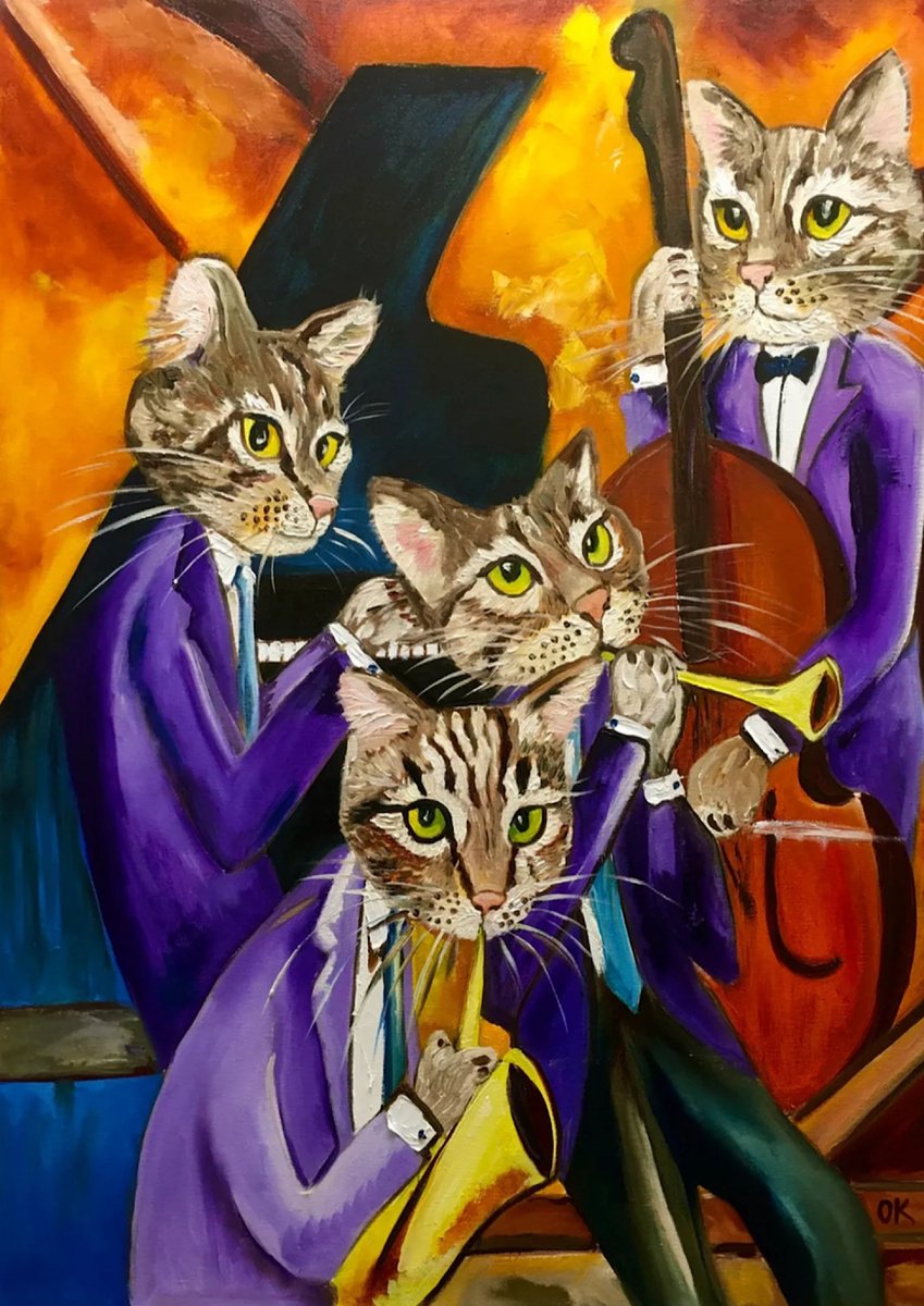 Expressive Animal Oil Painting By Olga Koval, 24 X 32", Quartet 4 Troy