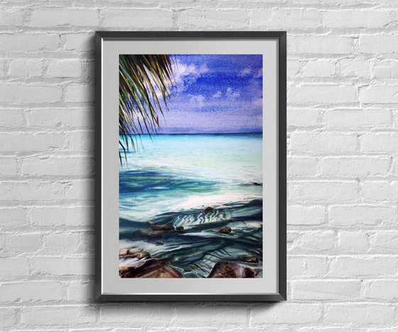 Paradise Beach ORIGINAL Watercolor Painting - Blue Sea Waters Painting