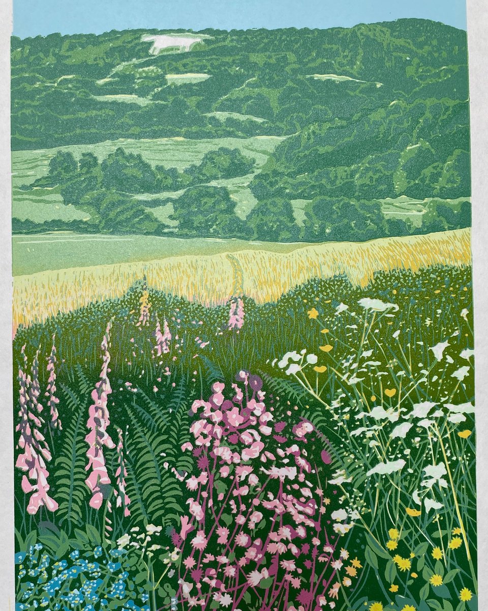 Graphic Landscape Linocut By Lindsay Perrett, 10 X 14", White Horse View, Original Artwork