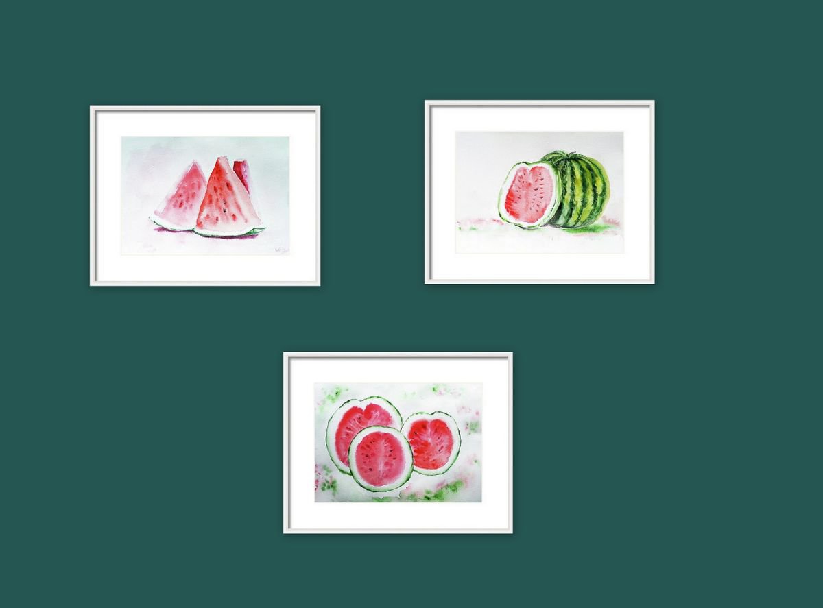 Impressionistic Watercolour , Watermelon Art- Set Of Three By Asha Shenoy, 12 X 9, Artwork For Sale On Artfinder