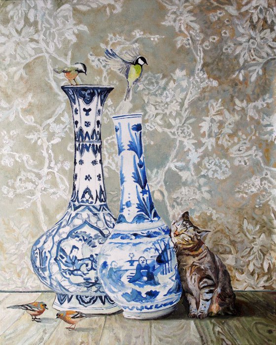 Oriental Vase Kitty with Birds