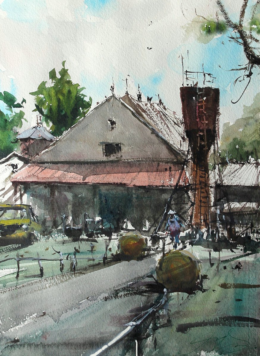 Impressionistic Landscape Watercolour By Maximo Damico, 11 X 15", Farms And Silos, Original Artwork