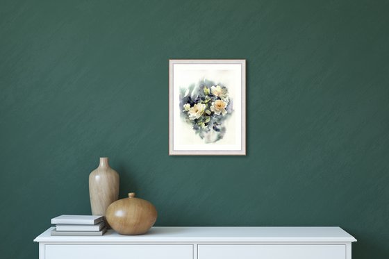 Roses on grey in watercolor, garden flowers on paper