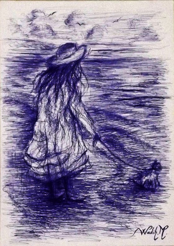 THE LONG WAIT - SEASIDE GIRL - Blue ink drawing on paper - 20.5x30cm