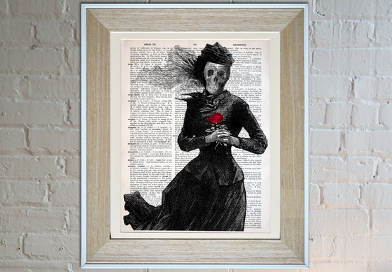 Red Rose of Death - Collage Art Print on Large Real English Dictionary Vintage Book Page