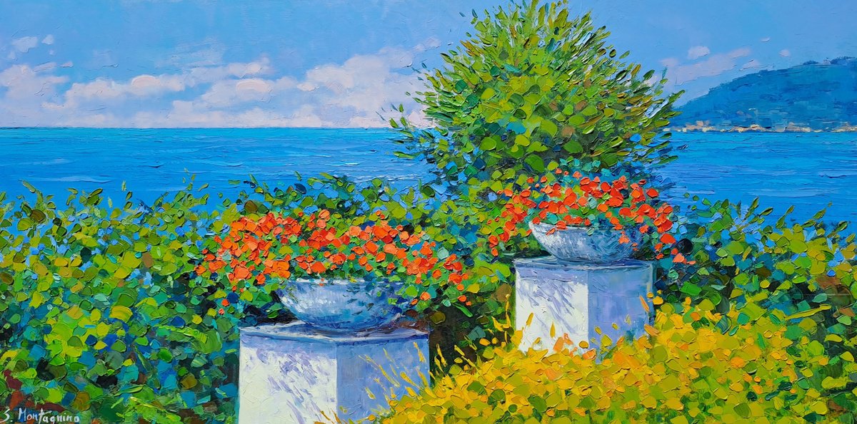 Impressionistic Landscape Oil Painting By Susanna Montagnino, 39 X 20", Geraniums In The Sun, Original Artwork