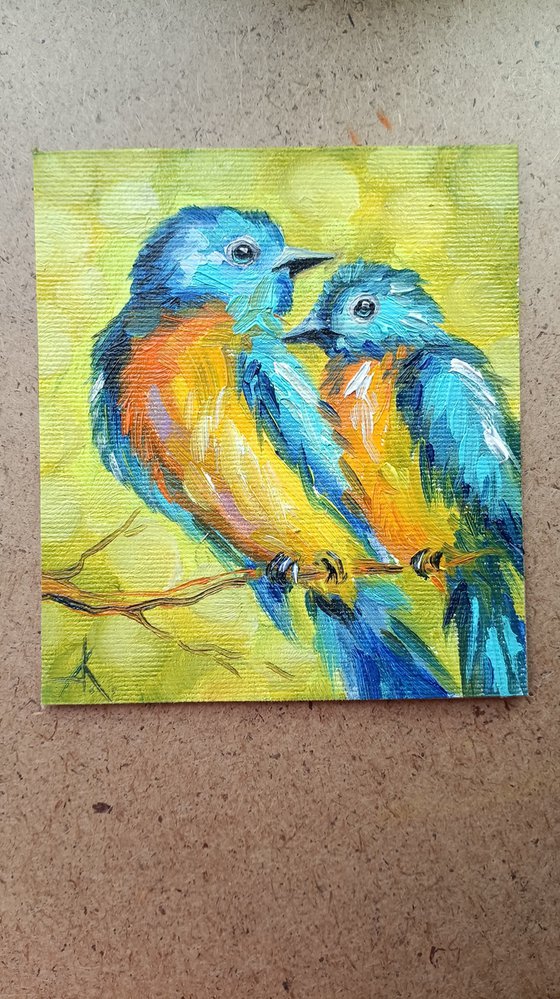 Chirping about love - birds, oil painting, bird, love, birds in love, birds oil painting, gift, bird art, art bird, animals oil painting