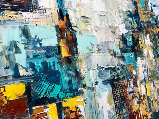 Abstract Painting - Being In The Flow Original Cityscape White Grey Aqua Blue Painting