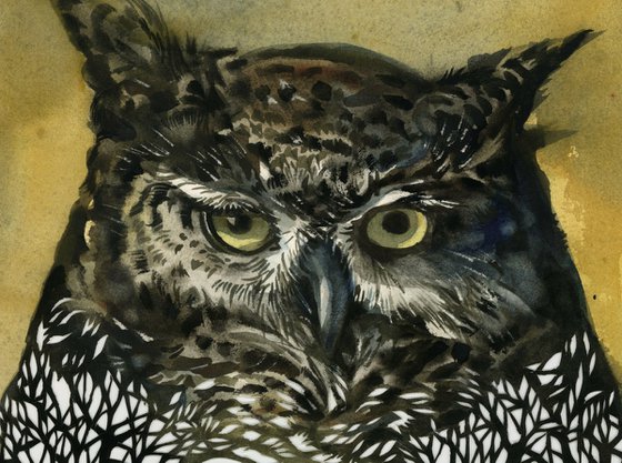 owl in the wood, watercolor papercut