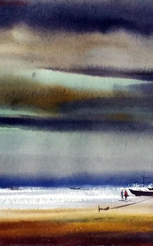 Monsoon Seashore & Fishing Boats II - Watercolor Painting by Samiran Sarkar