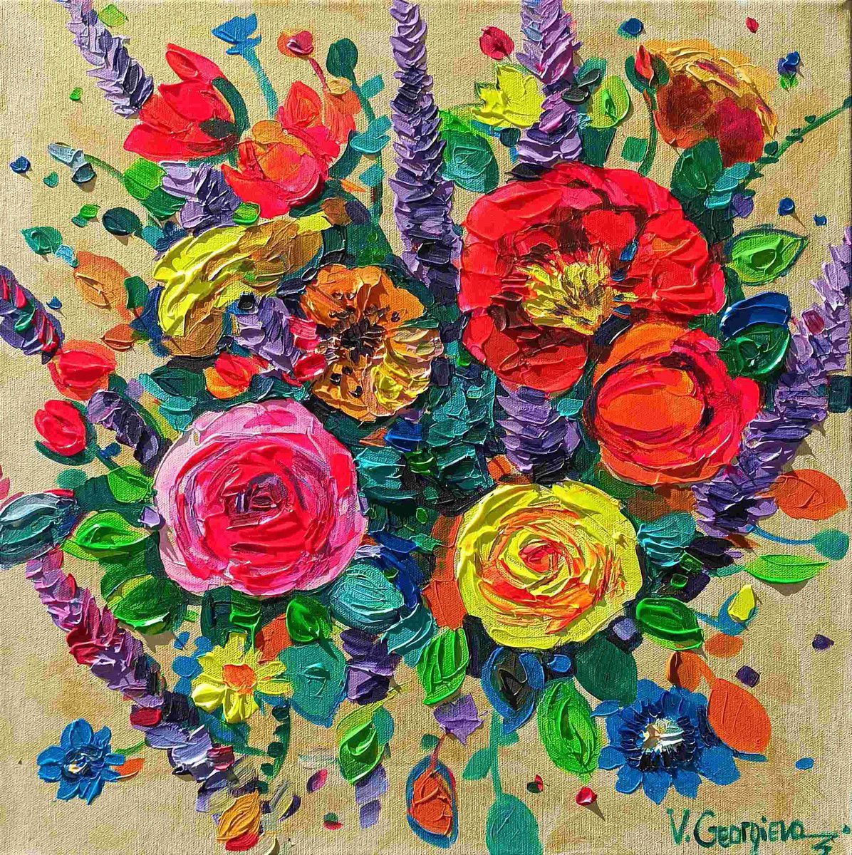 Expressive Botanical Oil Painting By Vanya Georgieva, 20 X 20", Gold And Flowers, Original Artwork
