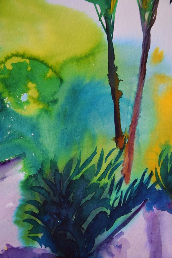 Abstract tropical trees original watercolor painting Spanish green forest