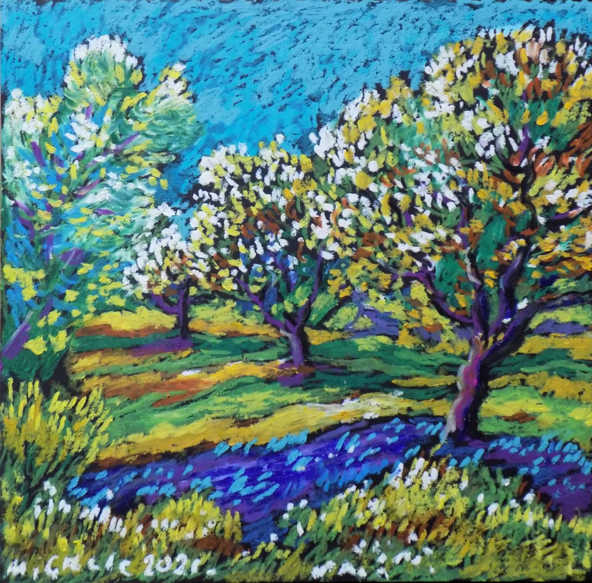 Impressionistic Pastel Drawing , Blue Shadow In Orchard By Maja Grecic, 12 X 12, Artwork For Sale On Artfinder
