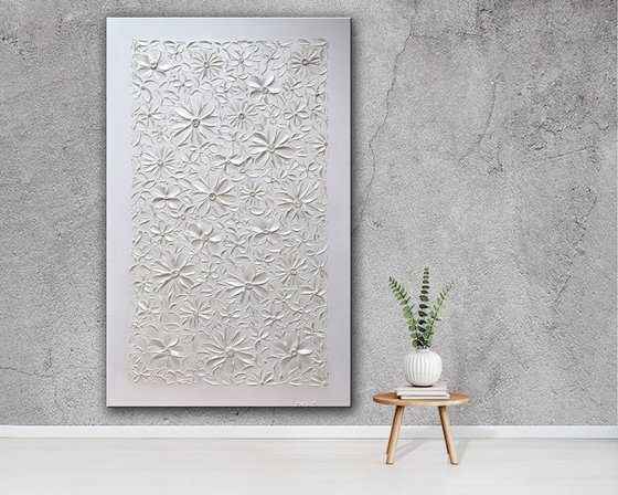 White Pearl Flowers - Abstract Heavy Textured Flowers Painting