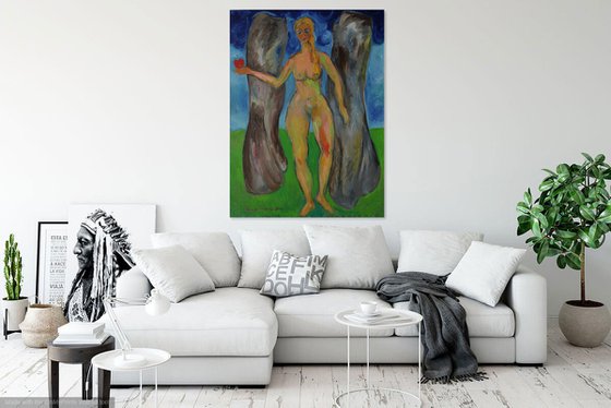 WORLD CREATION - large nude art, original oil painting, Eve, heart, heaven, love