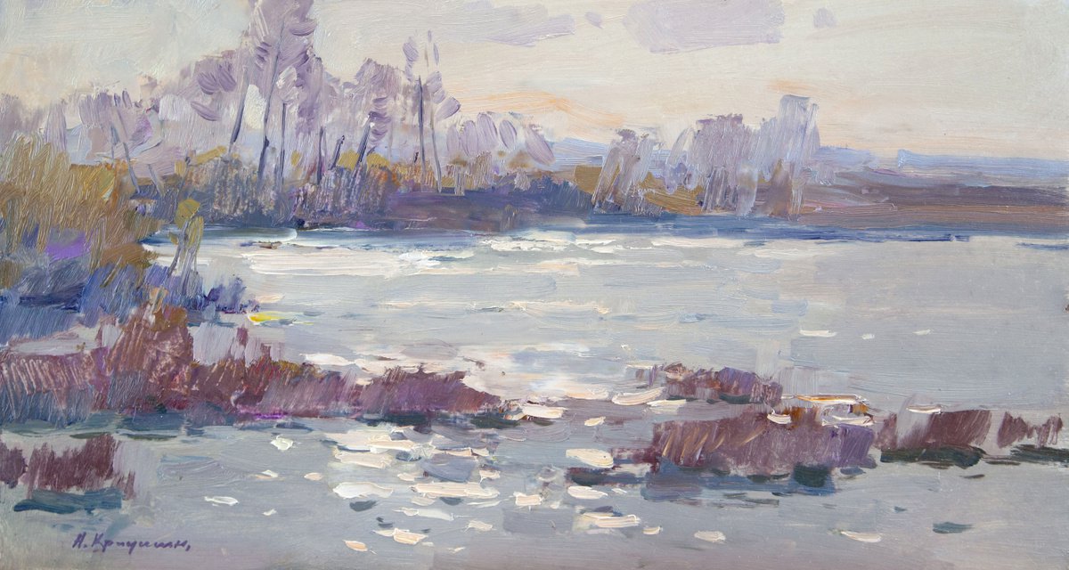 Impressionistic Landscape Oil Painting By Aleksandr Kryushyn, 21 X 12, April. Spring Flood, Original Artwork