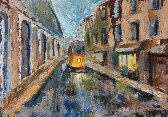 Cityscape painting 30%Sale! Yellow Tram Landscape artwork Contemporary Art